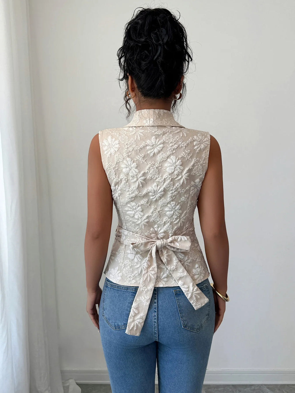 Rückansicht Aprikose Ärmelloses Sommer Top mit Blumenmuster Damen 