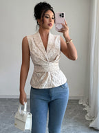 selfie Aprikose Ärmelloses Sommer Top mit Blumenmuster Damen