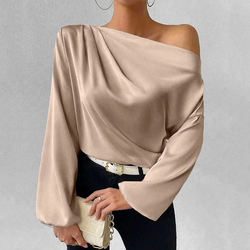 Khaki asymmetrische Satinbluse mit V-Ausschnitt Damen