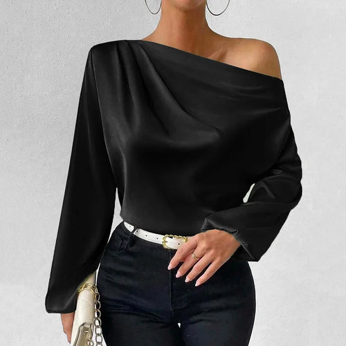Schwarz asymmetrische Satinbluse mit V-Ausschnitt Damen