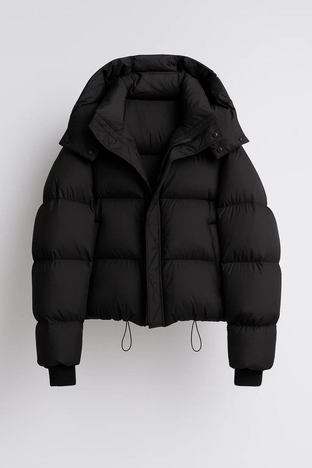 Schwarzer gesteppter Puffer-Mantel mit Kapuze für Damen