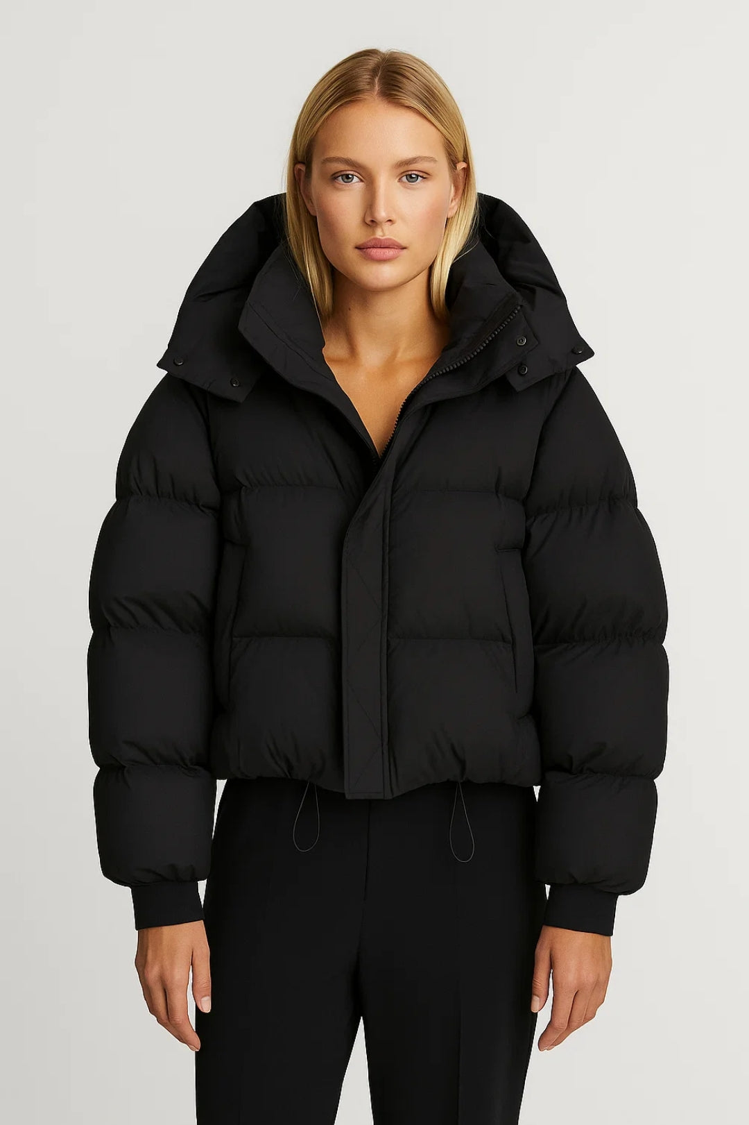 Schwarzer gesteppter Puffer-Mantel mit Kapuze für Damen